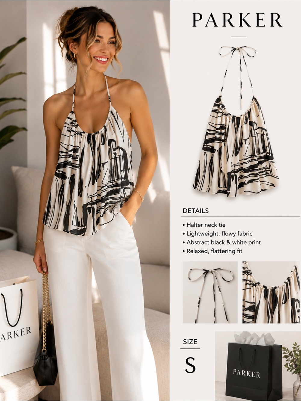 Parker Cream Halter Top with Black Abstract Brushprint